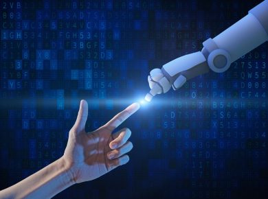 Yapay Zeka Devrimi: Etik Hackerlığı 48 Saatte Yeniden Yazdı! Human hand and robot hand with binary number code and light on blue screen background, artificial intelligence, AI, in futuristic digital technology concept, 3d illustration